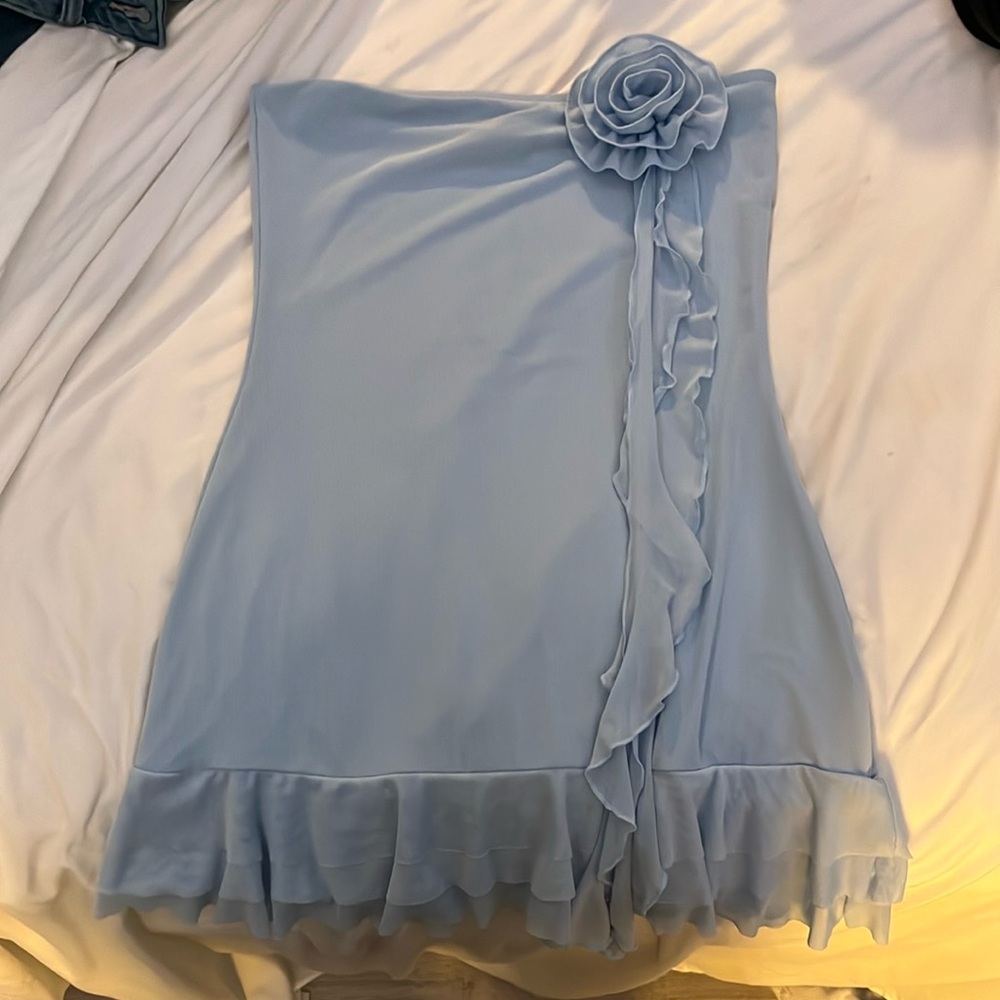 Edikted Blue Strapless Babydoll Dress with Ruffled Embellishments